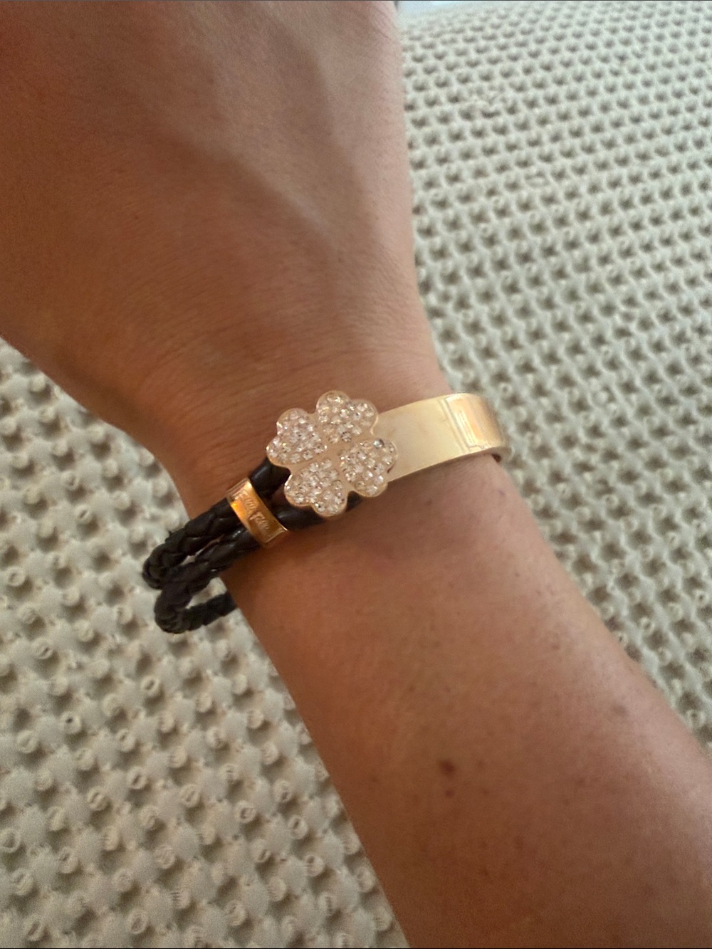 Gold and Black Leather Bracelet with Crystal Clover Accent